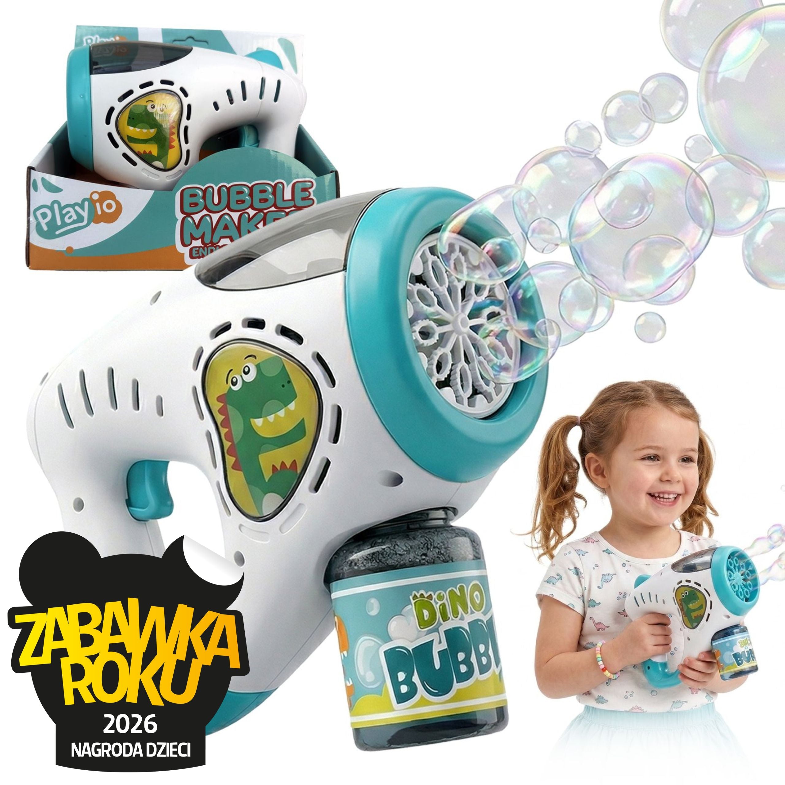Pistolet do baniek mydlanych PLAYIO Dinozaur - automatyczny generator setek baniek